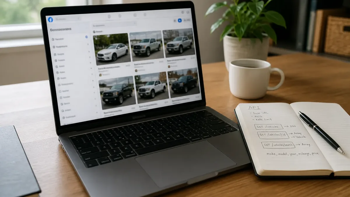 Laptop showing a Facebook Marketplace vehicle search next to a notebook labeled API notes