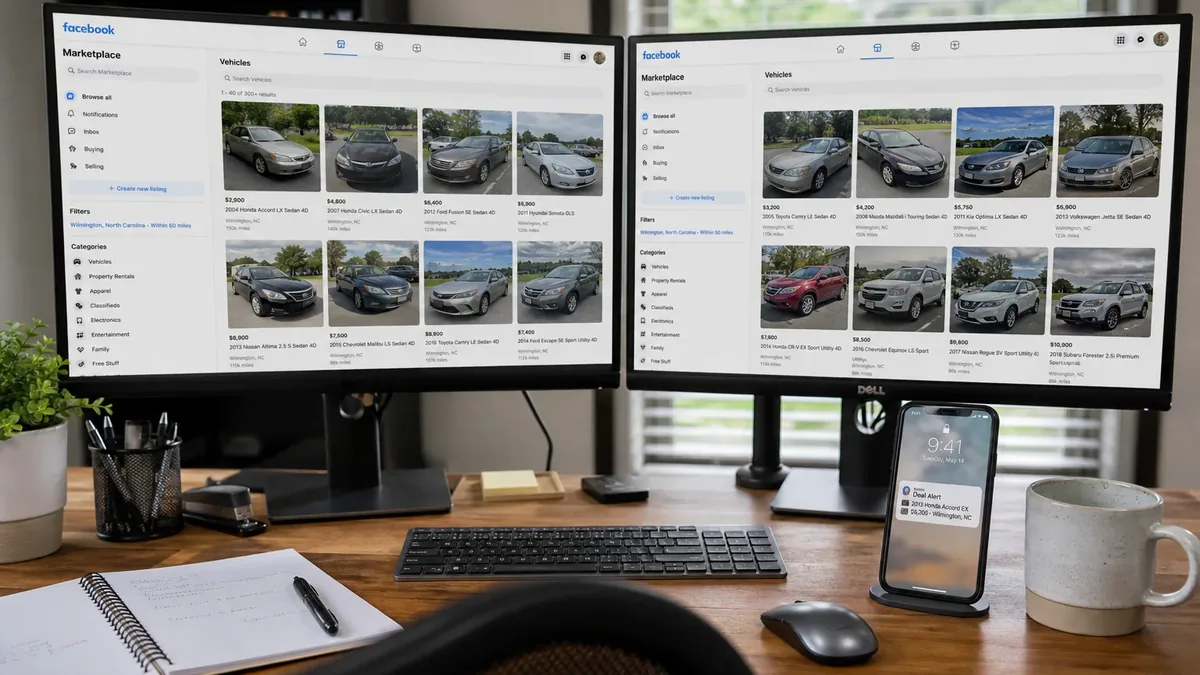 Home desk with dual screens showing Facebook Marketplace car listings and a deal alert phone
