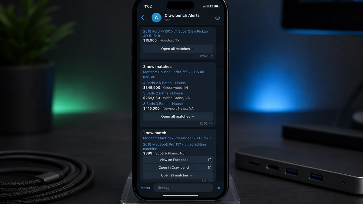 iPhone on a desk showing Crawlbench Alerts Telegram messages for Marketplace vehicle, house, and MacBook matches