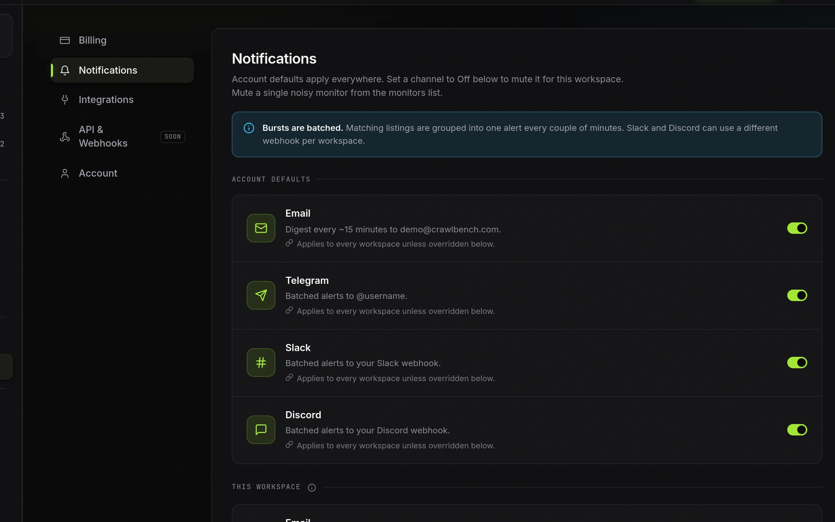 Crawlbench Notifications settings with account and workspace channel toggles