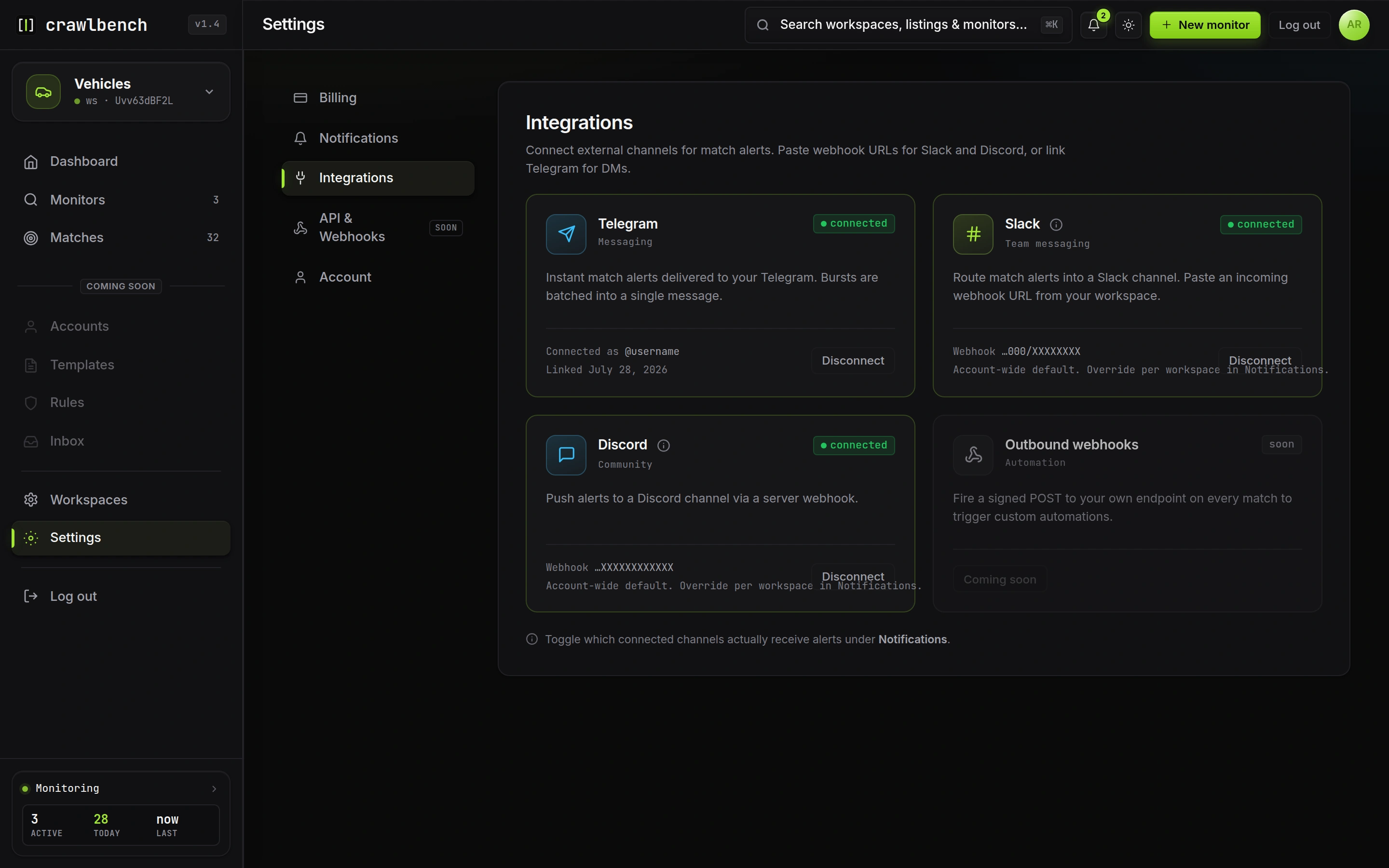 Slack and Discord integration cards on Settings