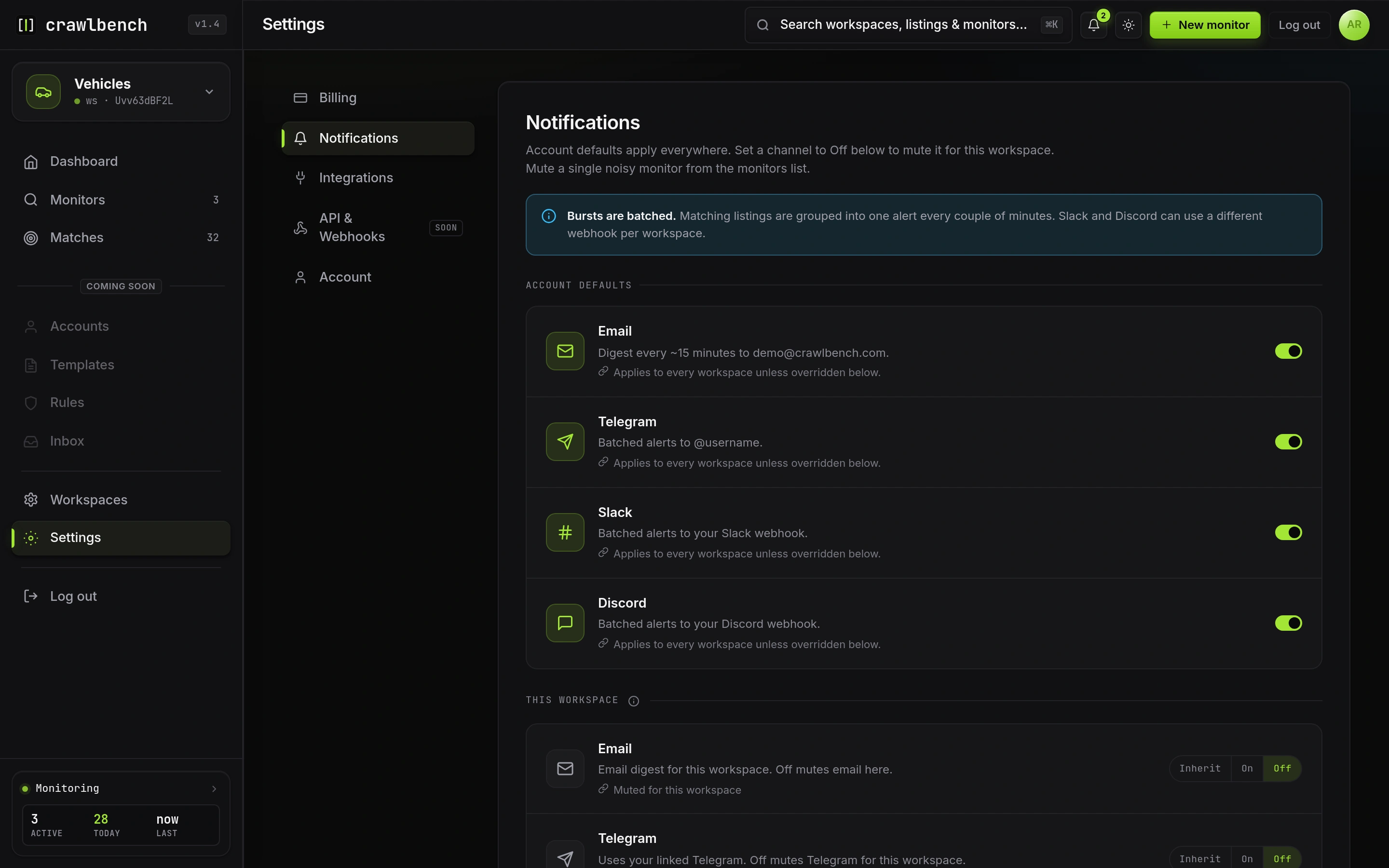 Account and workspace notification channel toggles