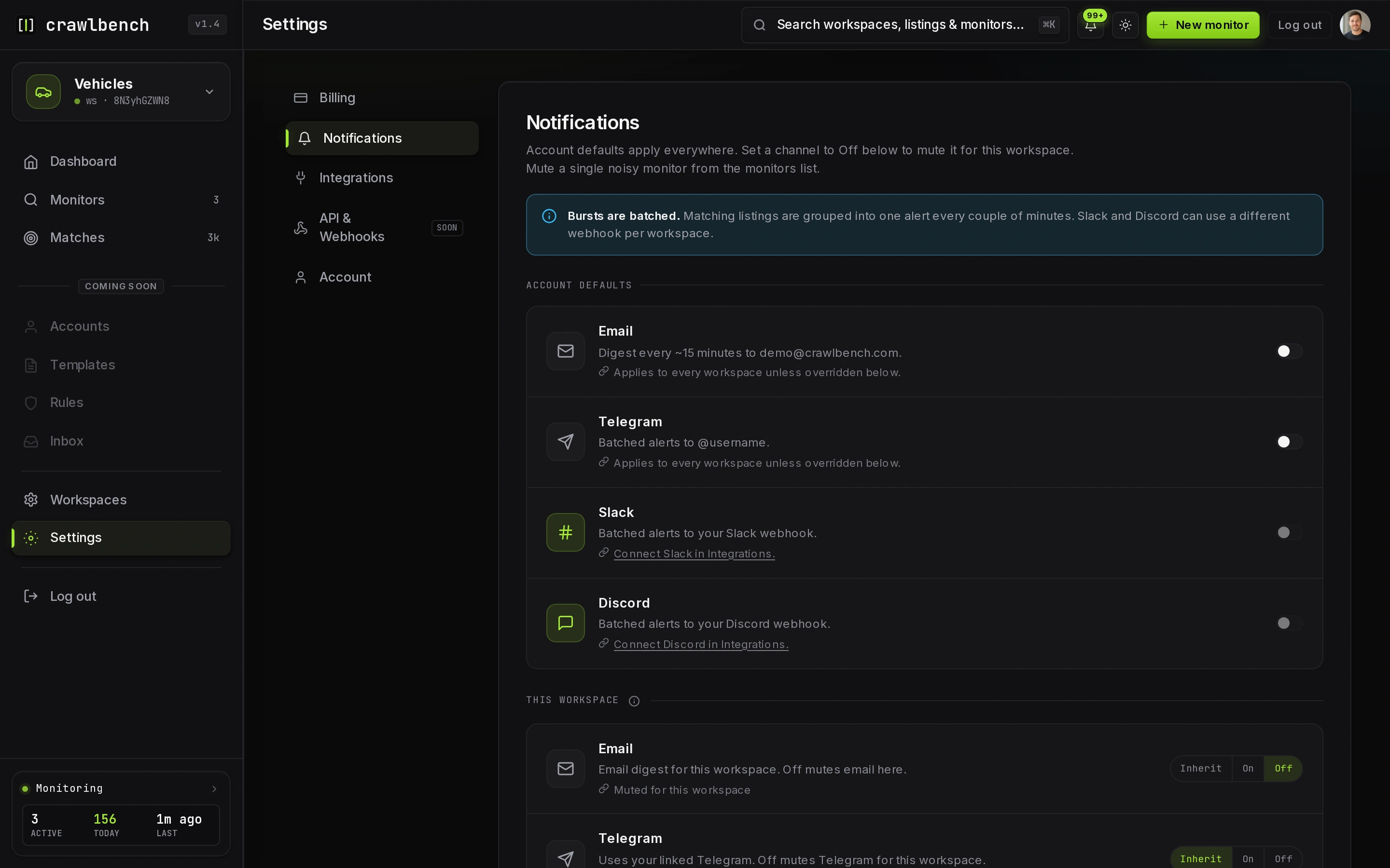 Notifications section on Crawlbench Settings