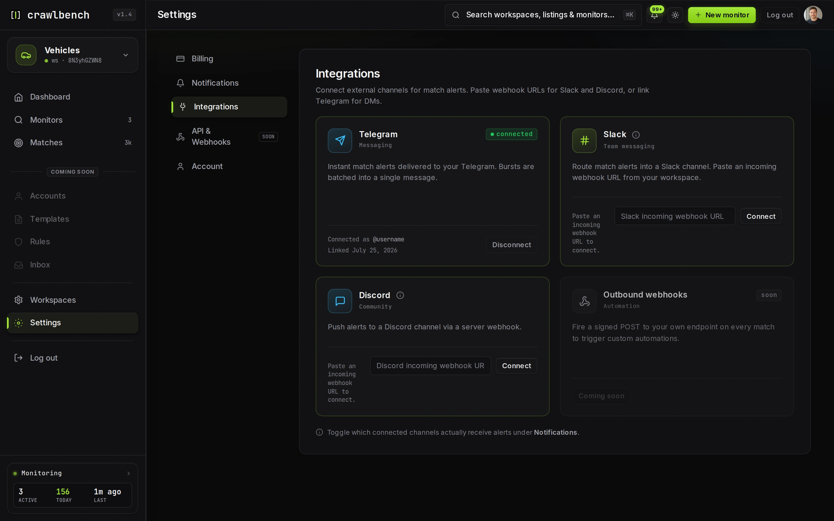 Telegram connect control on Crawlbench Settings
