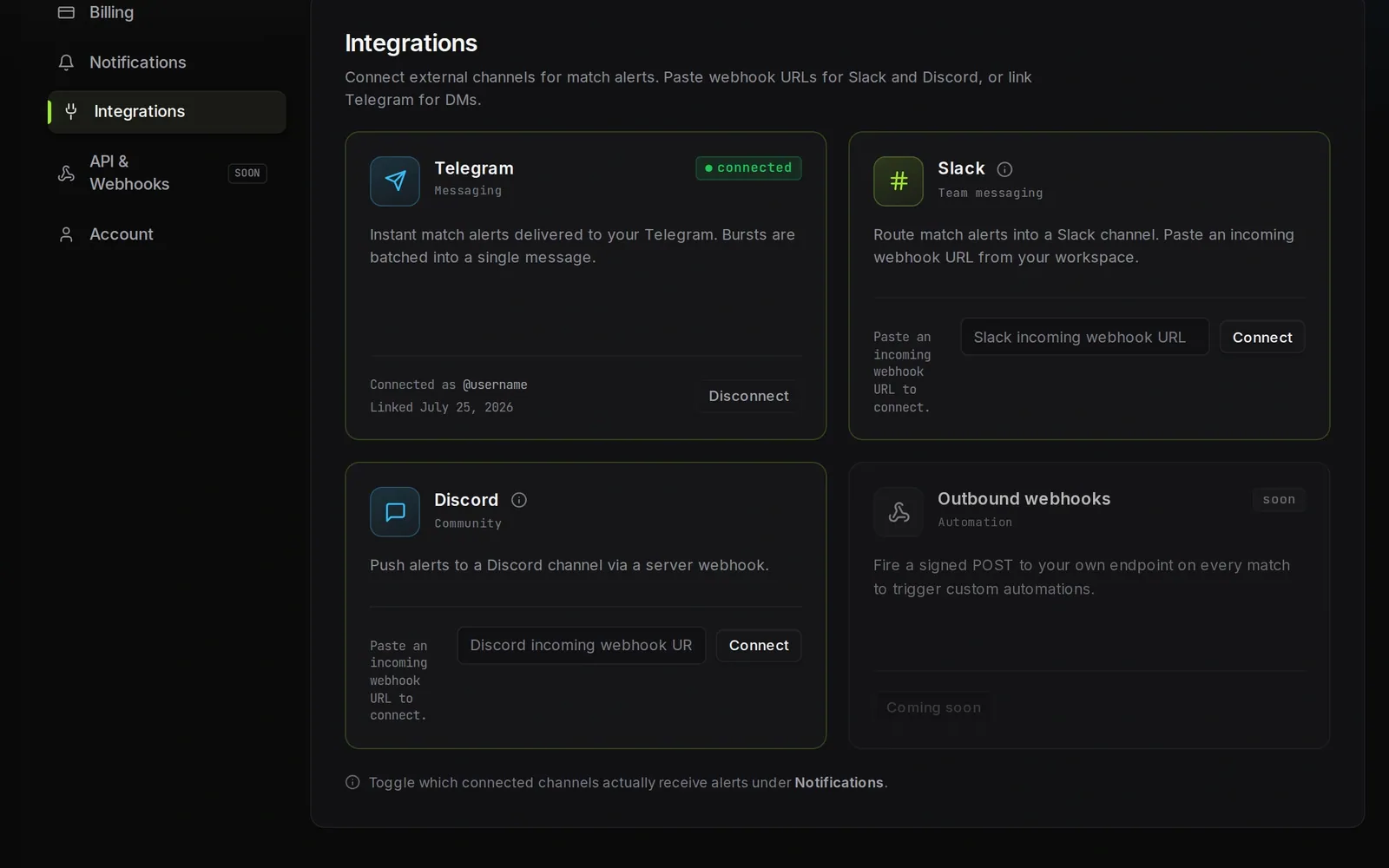 Telegram connected on Crawlbench Alerts
