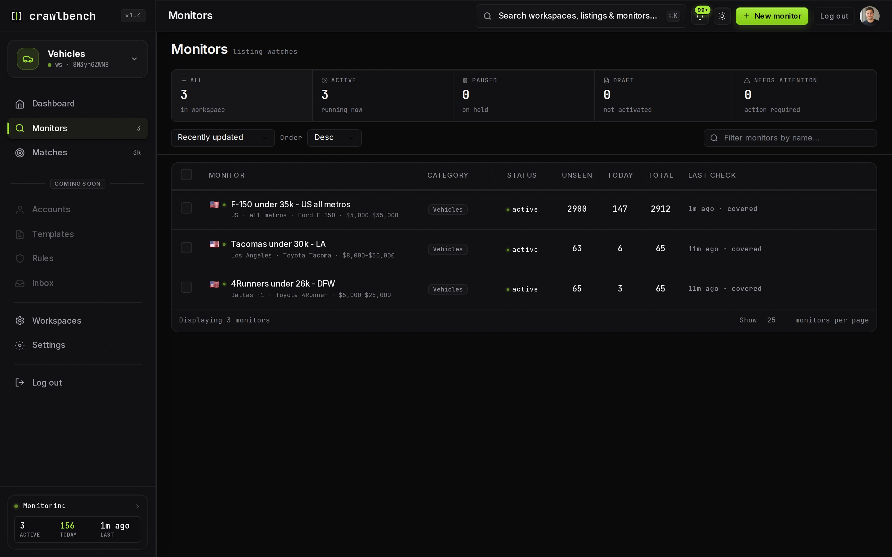 Crawlbench Monitors page with the New monitor action