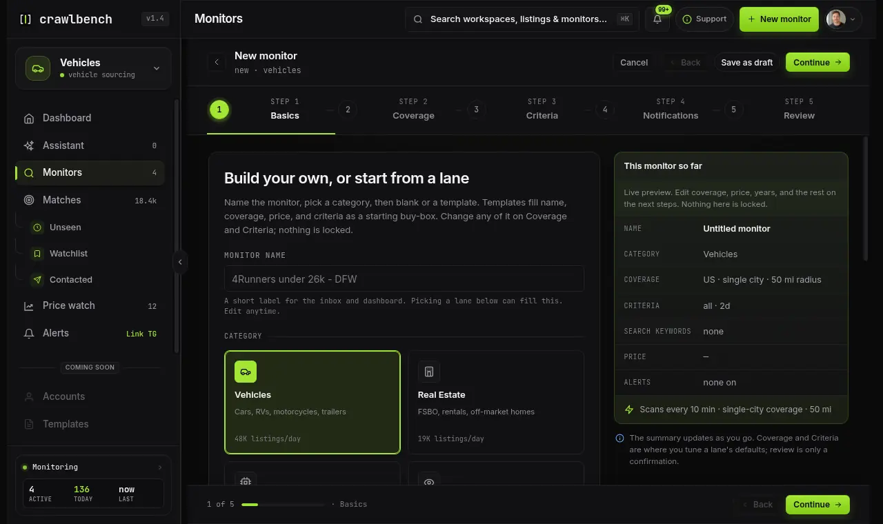 Basics step in the Crawlbench monitor wizard