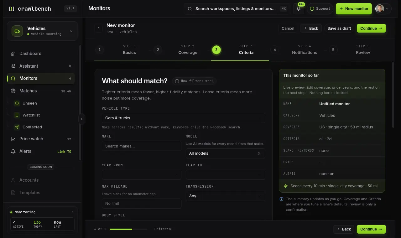 Criteria step with buy box filters in the wizard