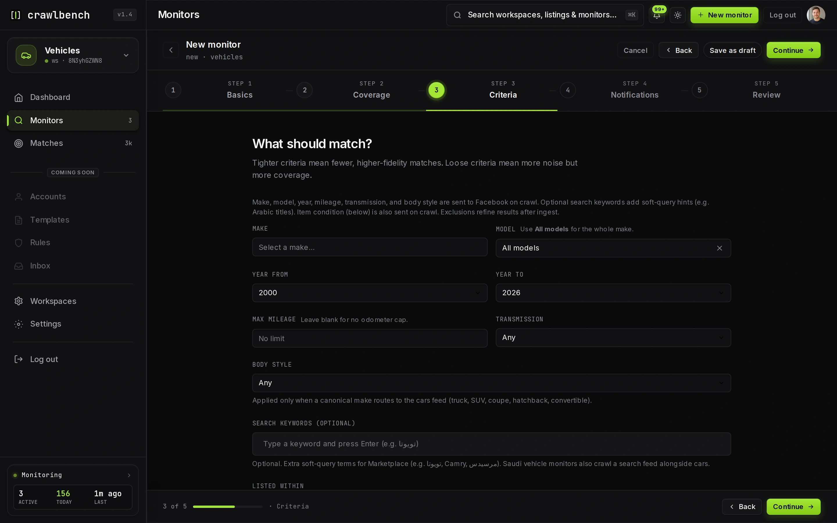 Criteria step with buy box filters in the wizard