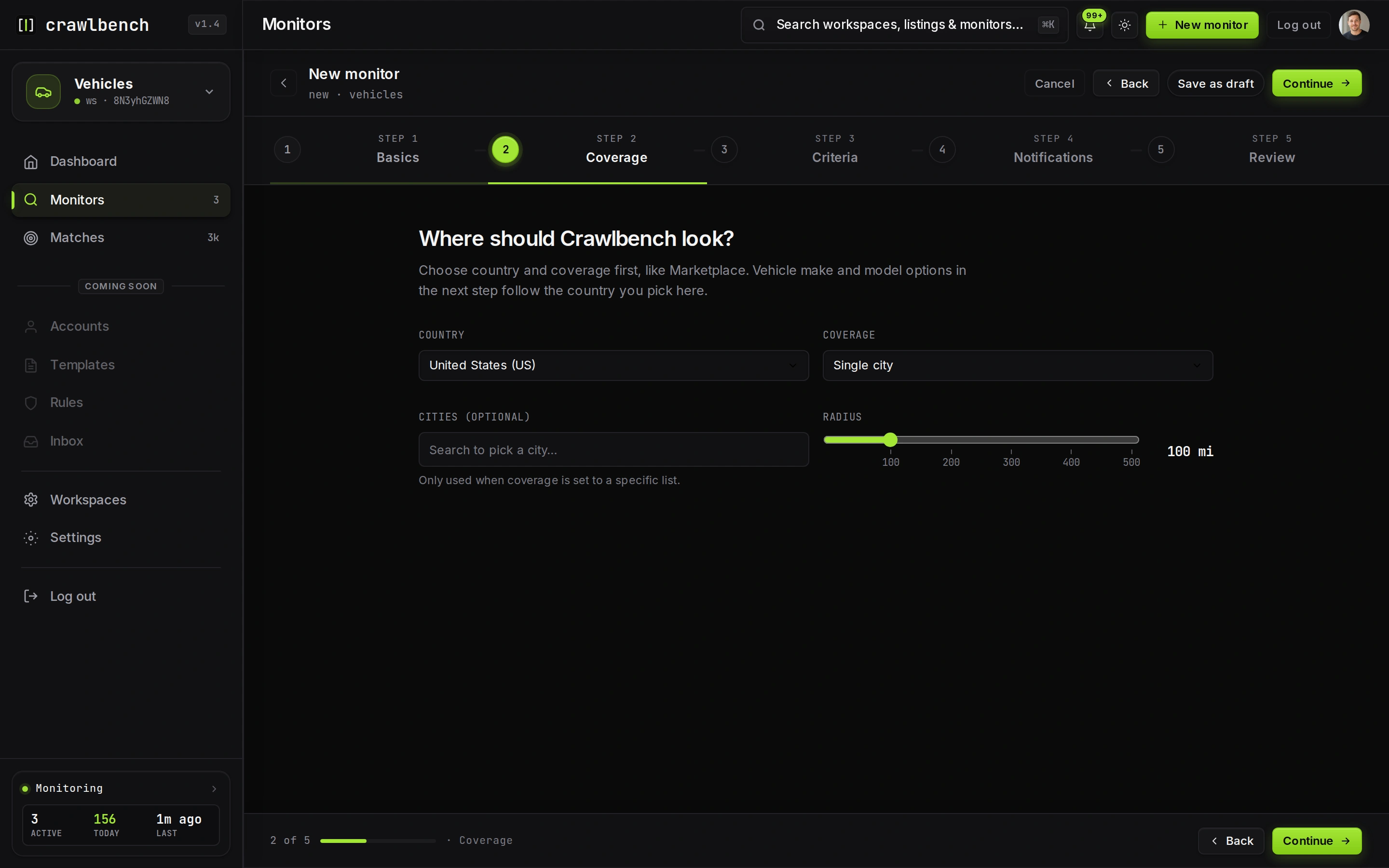 Coverage step with country and cities in the monitor wizard