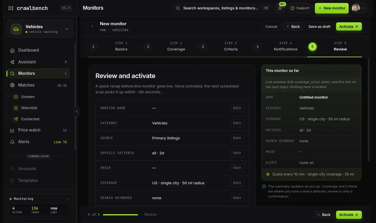 Review step summarizing the new Crawlbench monitor
