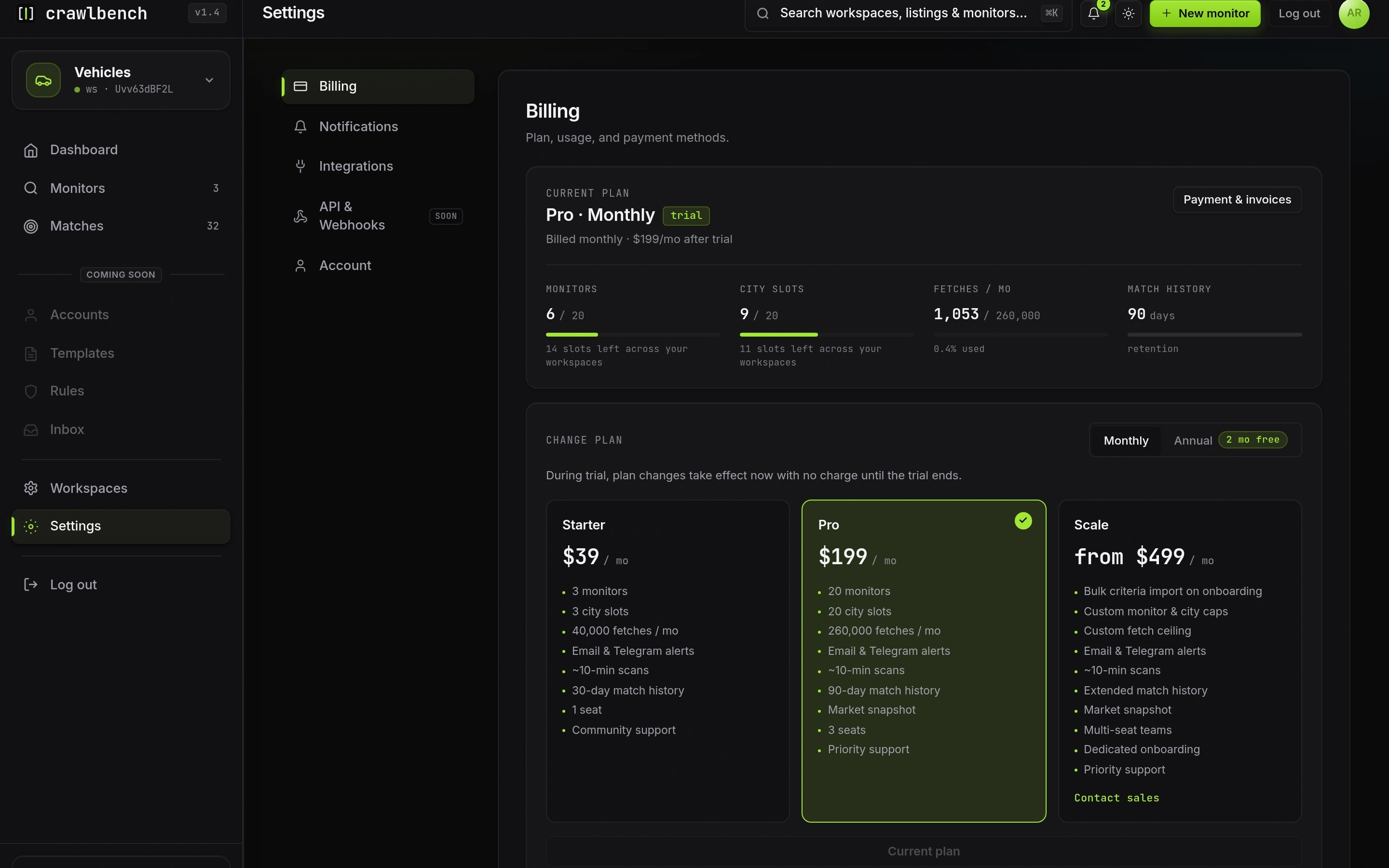Billing settings showing Pro trial usage meters and change-plan tiers