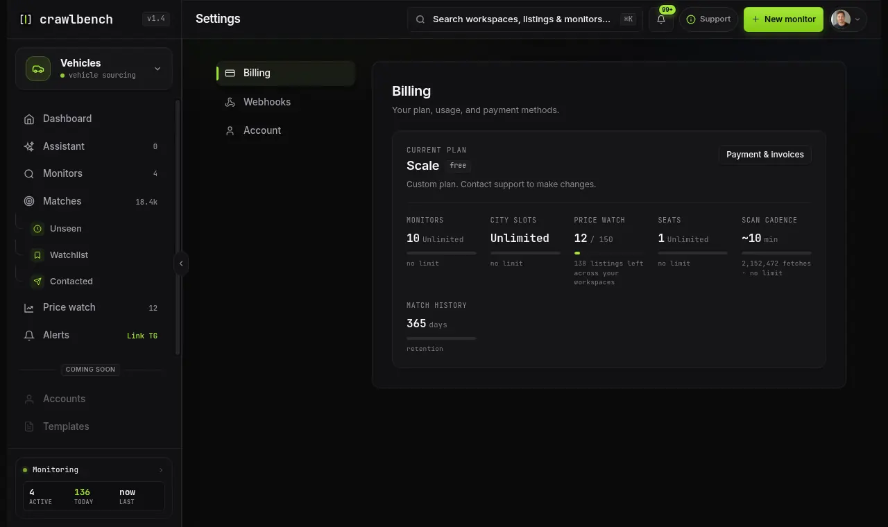 Billing settings showing usage meters and change-plan tiers including Growth