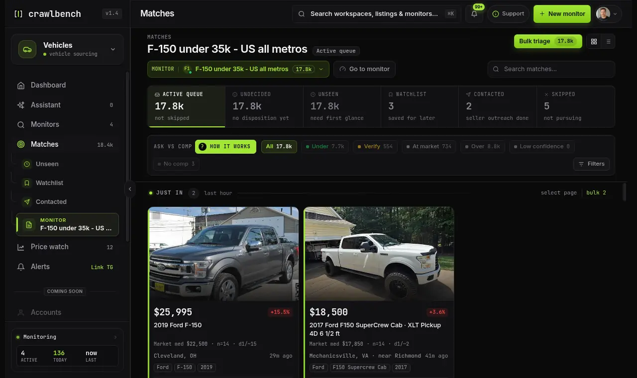 Crawlbench matches queue for a vehicle monitor